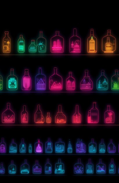 A wall of neon colored bottles with different colors and shapes.