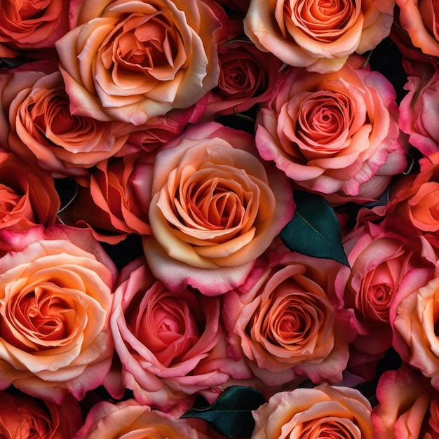 A wall of orange and pink roses with green leaves.