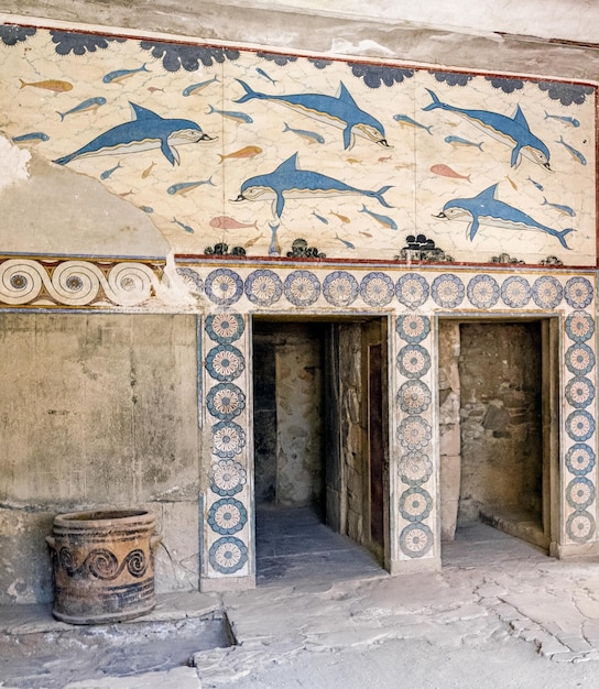 Wall painting of dolphins at Knossos palace crete Greece