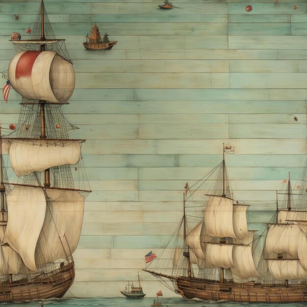 Wall painting of sailboats under moonlight in varying wood grains tiled