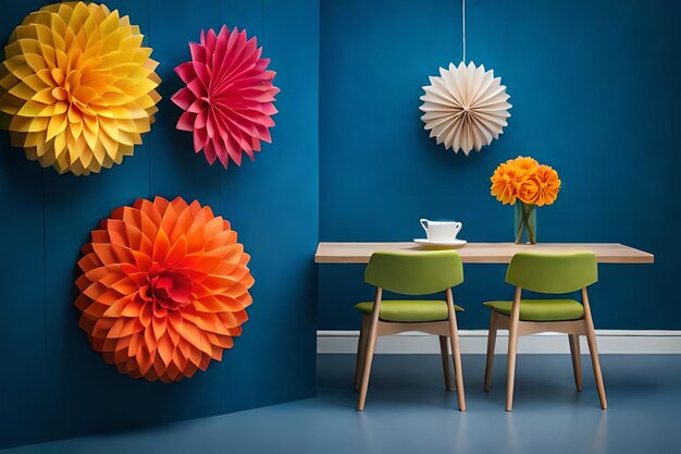 Photo a wall of paper flowers adorns a cafe table.