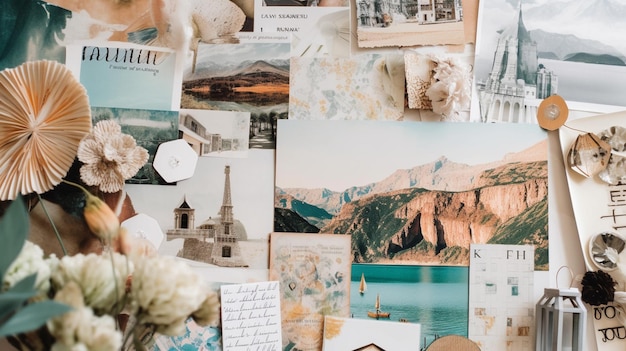 A wall of photos and a card with the word mont blanc on it