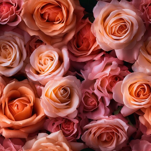 A wall of pink and orange roses with the word love on it