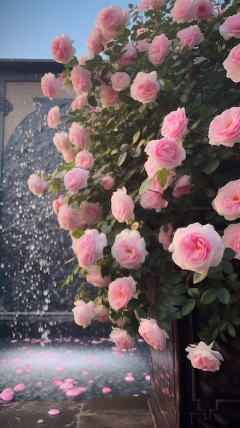 A wall of pink roses with water droplets on it