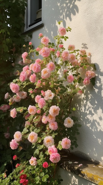 A wall of pink roses with the word roses on it