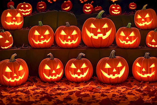 A wall of pumpkins with a face carved in the middle