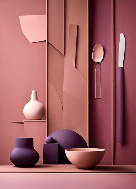 a wall of purple and pink pottery with a spoon and spoon on it