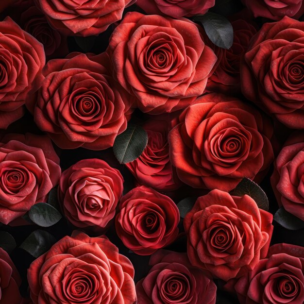 A wall of red roses with leaves on it