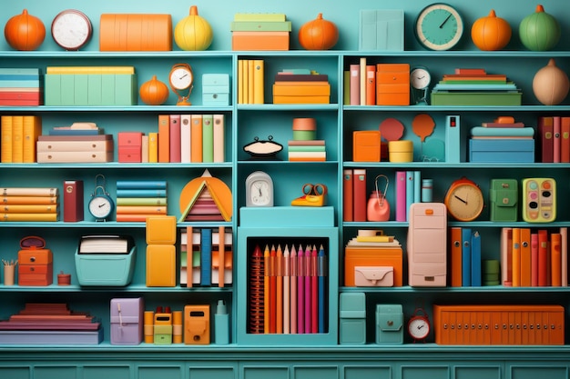 Wall of a room full of bookshelves and a desk with accessories and school supplies