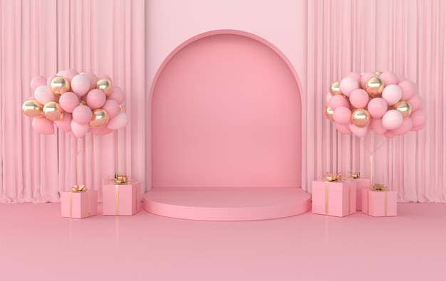 Wall scene with arch balloons present box curtains podium 3D rendering interior