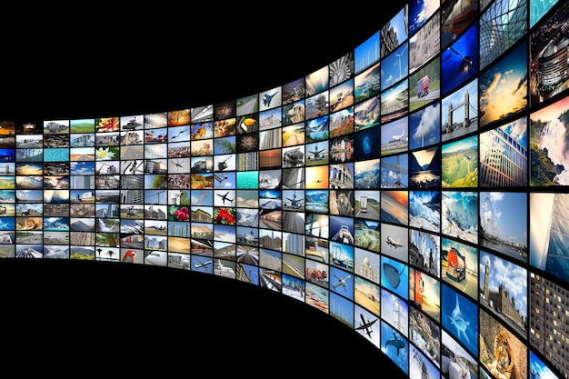 Wall of screens streaming media cable Internet concept 3D illustration