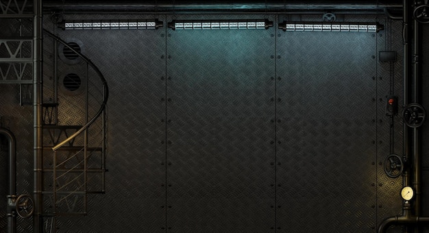 Стена корабля из металлических темных панелей