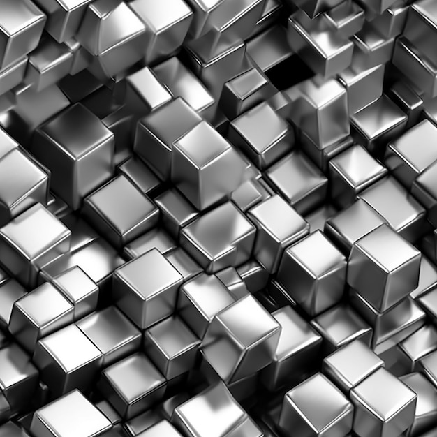 A wall of silver cubes with a black background.