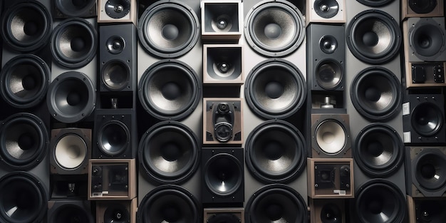 A wall of speakers Mid sized audio speakers