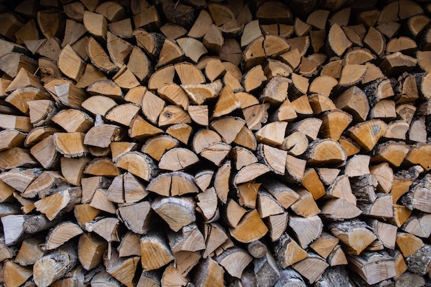 Wall of stacked dried firewood under a canopy