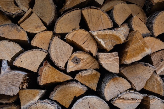 Wall of stacked dried firewood under a canopy