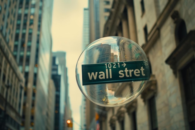 Wall street sign in a bubble stock market financial bubble