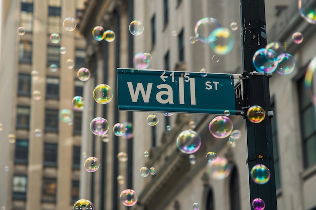 Wall street sign in a bubble stock market financial bubble