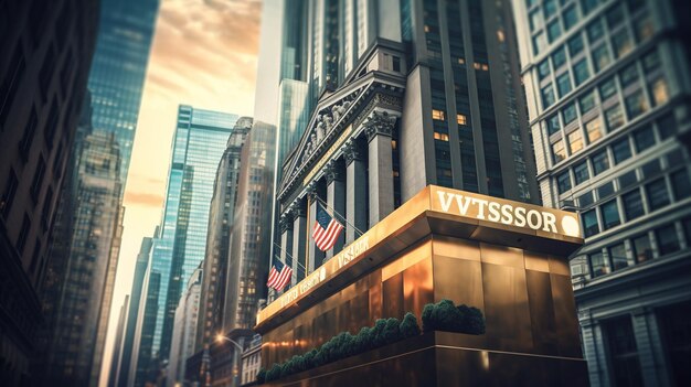 Photo a wall street sign with financial buildings background