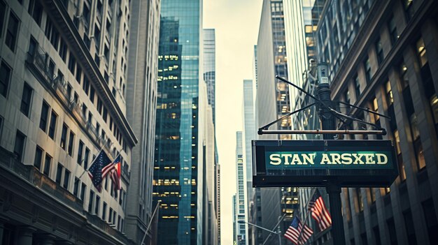 Photo a wall street sign with financial buildings background