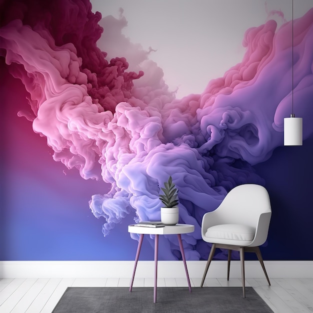 A wall that has a pink and purple cloud on it