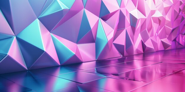 A wall of triangles in pink and blue with a shiny reflective surface stock background