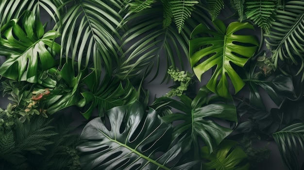 A wall of tropical plants with green leaves