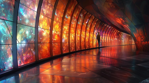 Photo a wall of a tunnel with a man walking in it