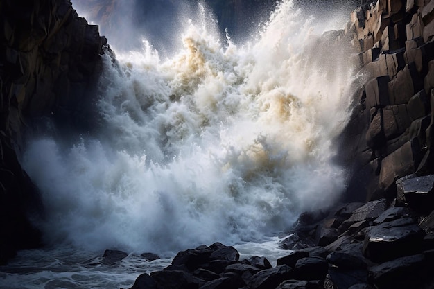 Wall of water like tsunami turbulent waves of ocean more than 8 meters heavy and rugged beauty o