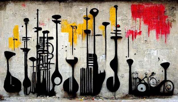 A wall with black and yellow drawings of musical instruments.