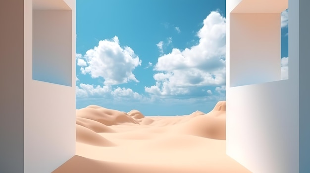 A wall with a blue sky and a desert scene