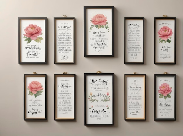 a wall with a bunch of framed pictures of flowers on it and a quote