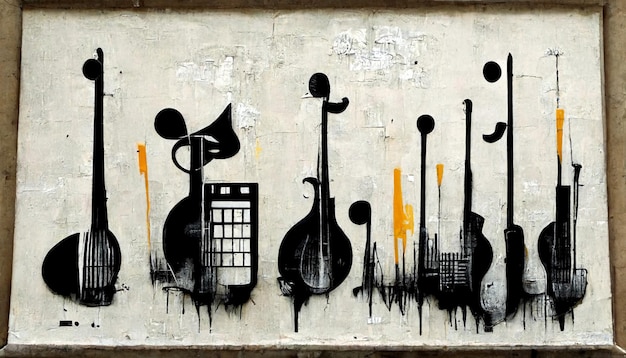 A wall with a bunch of guitars and a trumpet on it.