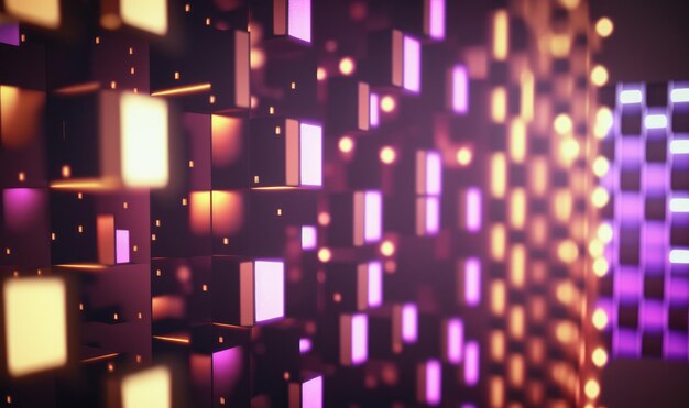 A wall with a colorful display of cubes and a pink light