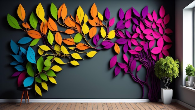 A wall with colorful trees on it