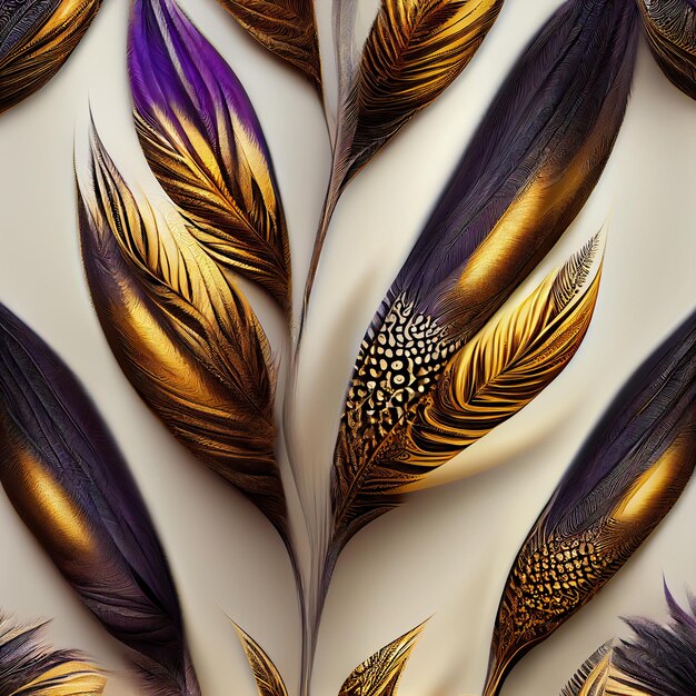 A wall with feathers that have gold, purple, and purple feathers on it.