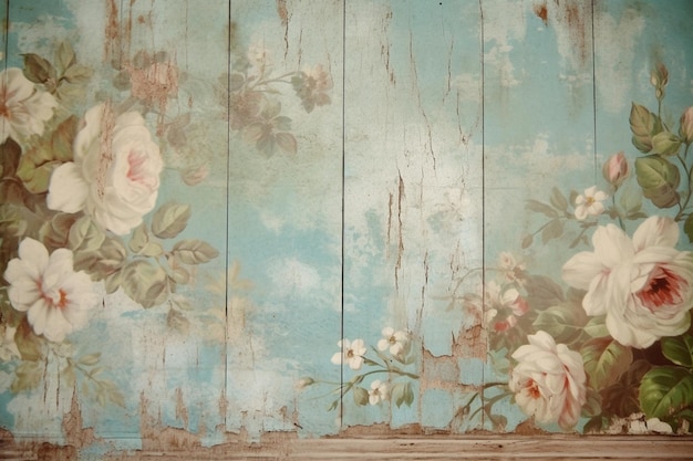A wall with flowers on it that is painted blue and white.