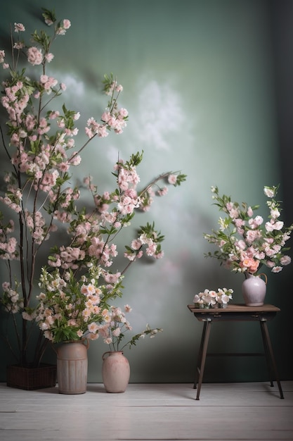 A wall with flowers and a vase with pink flowers in it