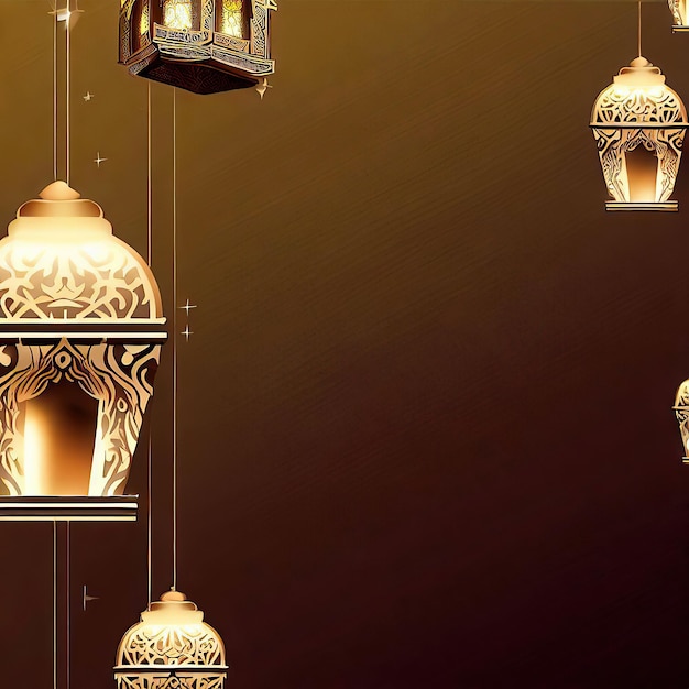 A wall with a gold background with a lamp and the words " ramadan " on it.