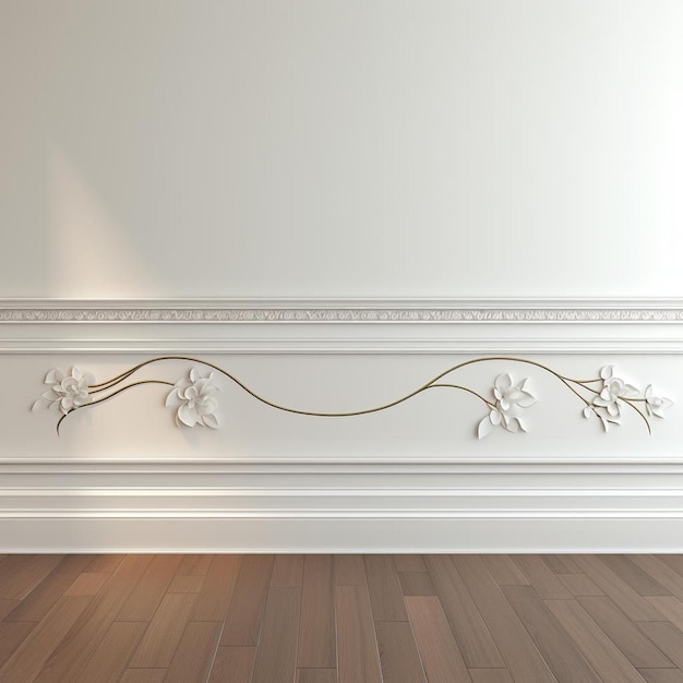 a wall with a gold design on it and a white wall behind it.