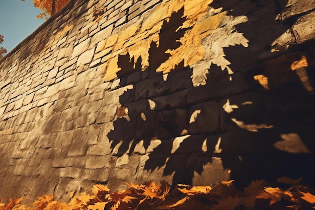 a wall with a leaf on it and a wall with a stone wall behind it