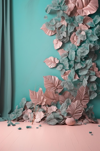 A wall with a leaf pattern and a pink curtain.