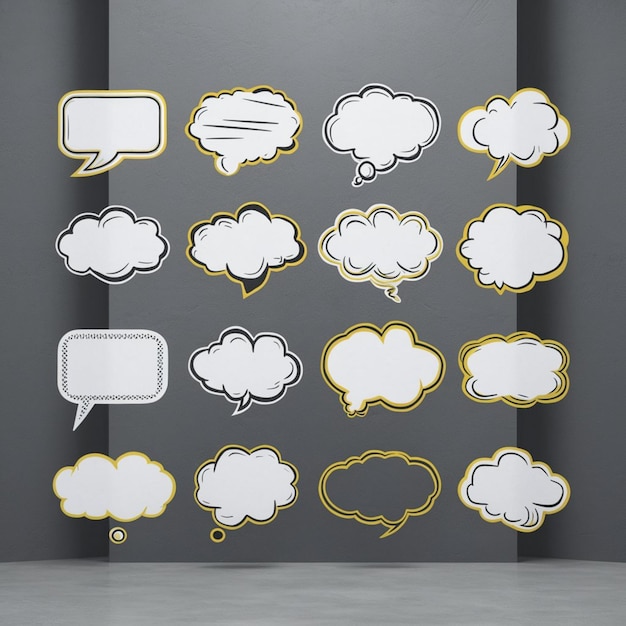 a wall with many different speech bubbles and a speech bubble