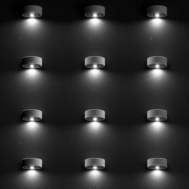 a wall with many lights that are on it