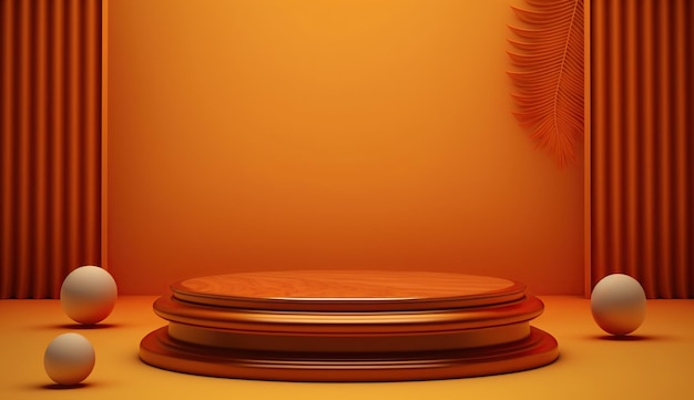 A wall with orange paint and a wooden shelf with a flower on it.