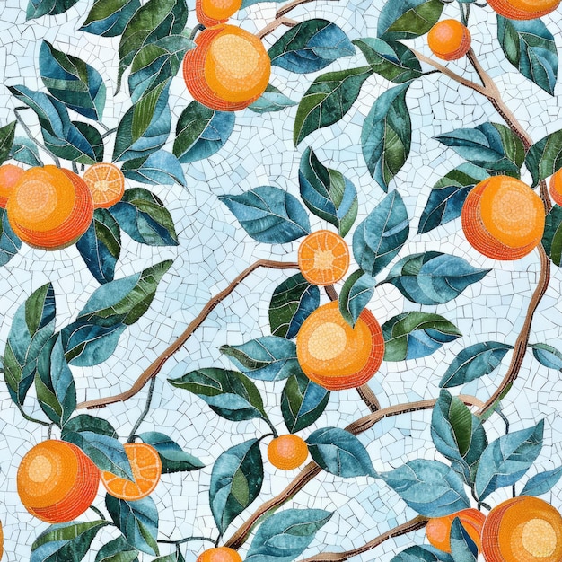 a wall with oranges and green leaves on it and a mosaic pattern