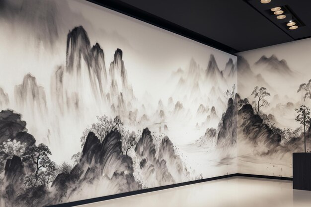 A wall with a painting of mountains and a mountain in the background