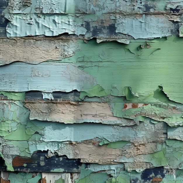 페인트가 벗겨지고 녹색과 파란색 페인트가 칠해진 벽.