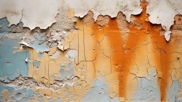 A wall with peeling paint and a red and orange paint