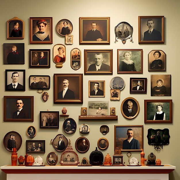 Foto una parete con immagini di persone e oggetti
